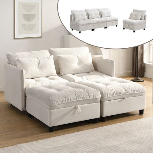 Canapé Modulable 4 Places Beige En Chenille, Transformable En Couchage Avec Rangements Dissimulés