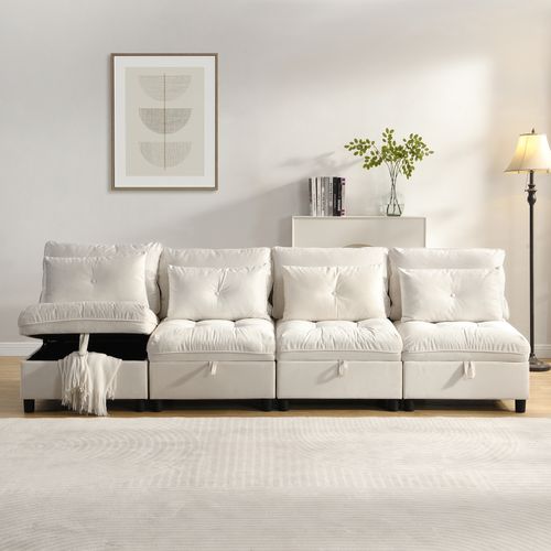 Canapé Modulable 4 Places Beige En Chenille, Transformable En Couchage Avec Rangements Dissimulés