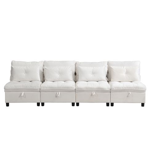 Canapé Modulable 4 Places Beige En Chenille, Transformable En Couchage Avec Rangements Dissimulés
