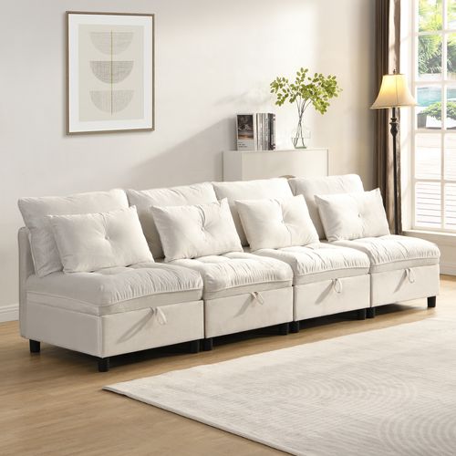 Canapé Modulable 4 Places Beige En Chenille, Transformable En Couchage Avec Rangements Dissimulés