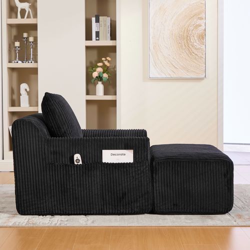 Fauteuil 147x110x67 Cm En Velours Côtelé Noir – Fauteuil Surdimensionné Avec Repose-pieds