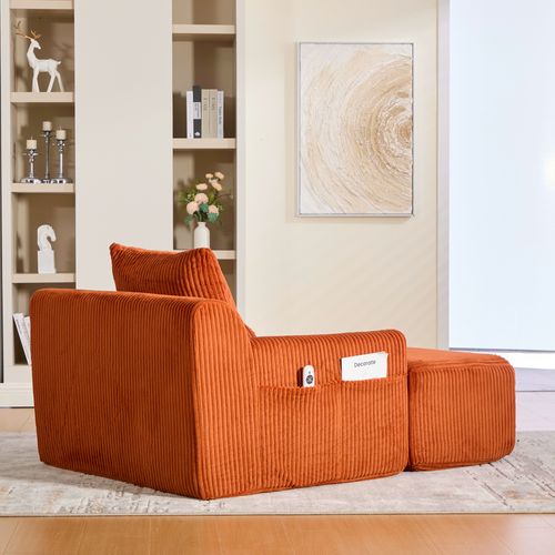 Fauteuil Grand En Velours Côtelé Orange, Assise Profonde, Repose-pieds Et Poches Latérales