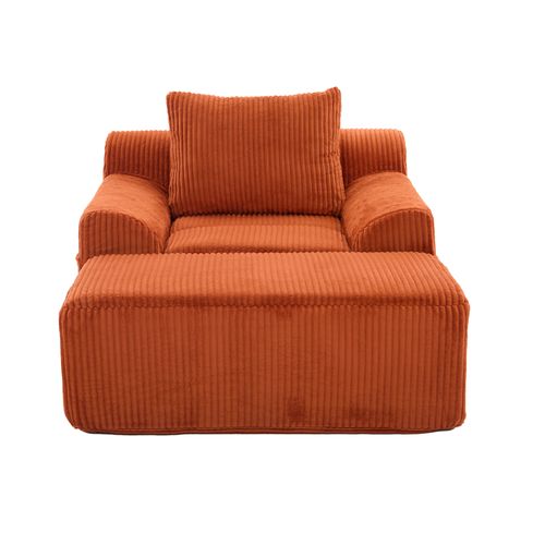Fauteuil Grand En Velours Côtelé Orange, Assise Profonde, Repose-pieds Et Poches Latérales