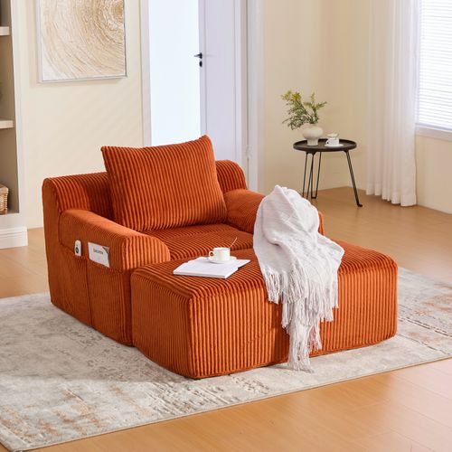 Fauteuil Grand En Velours Côtelé Orange, Assise Profonde, Repose-pieds Et Poches Latérales