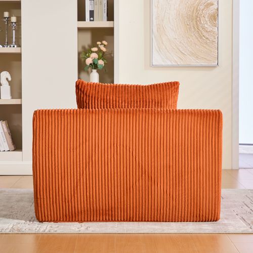 Fauteuil Grand En Velours Côtelé Orange, Assise Profonde, Repose-pieds Et Poches Latérales