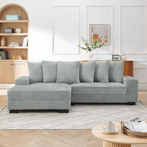 Canapé D'angle 256,5x133,5x89 Cm En Velours Côtelé Gris, Modulable Réversible, 6 Coussins Inclus