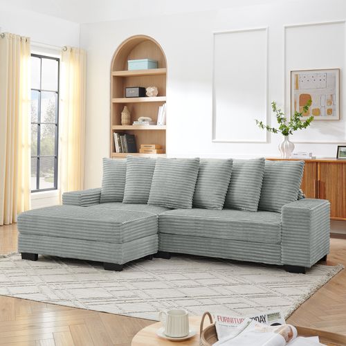 Canapé D'angle 256,5x133,5x89 Cm En Velours Côtelé Gris, Modulable Réversible, 6 Coussins Inclus