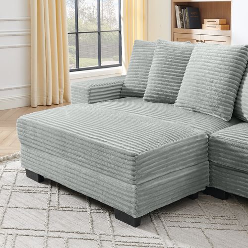 Canapé D'angle 256,5x133,5x89 Cm En Velours Côtelé Gris, Modulable Réversible, 6 Coussins Inclus