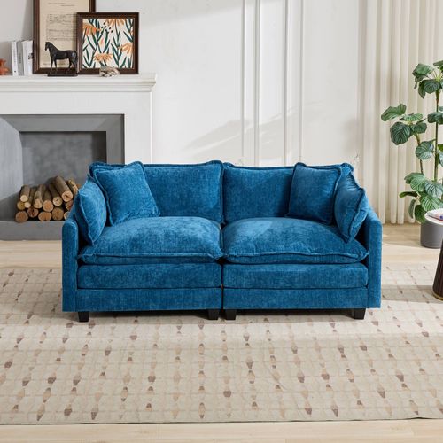 Banquette Modulaire En Chenille Bleu Avec Coussins Double Couche Et Dossier Ergonomique