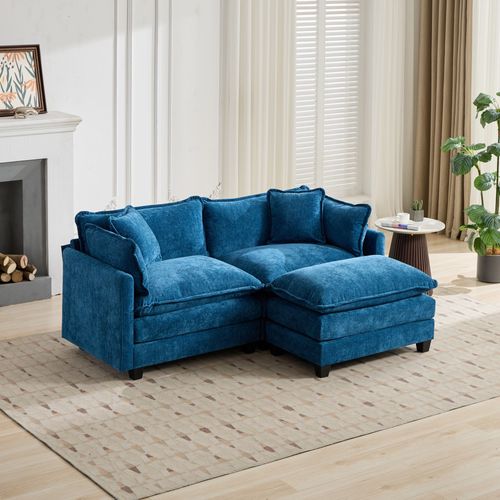 Banquette Modulaire En Chenille Bleu Avec Coussins Double Couche Et Dossier Ergonomique