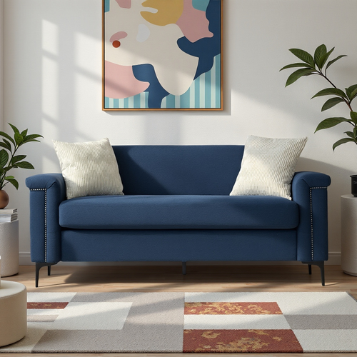 Canapé 2 Places 172x73,5 Cm Tissu Bleu Scandinave, Rembourrage Haute Densité, Pieds Métal