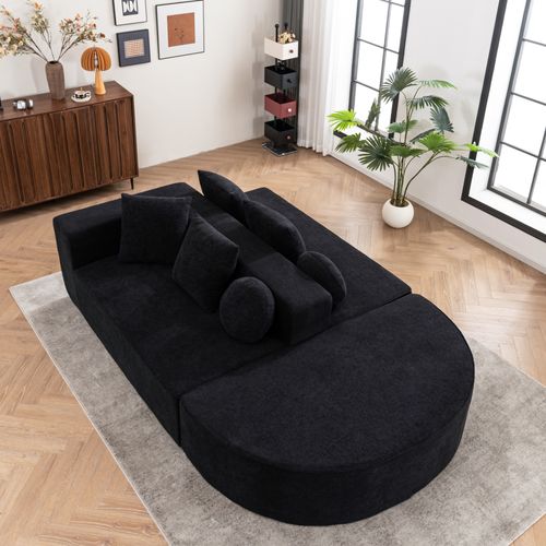 Canapé Adulte Transformable En Sofa 2 Places En Chenille Noire, Mousse Intégrale, Prêt à L'emploi