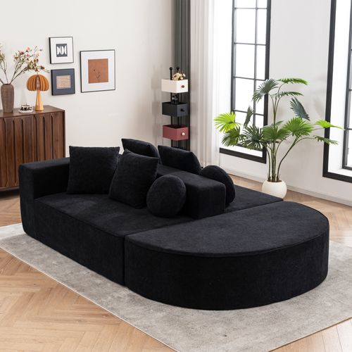 Canapé Adulte Transformable En Sofa 2 Places En Chenille Noire, Mousse Intégrale, Prêt à L'emploi