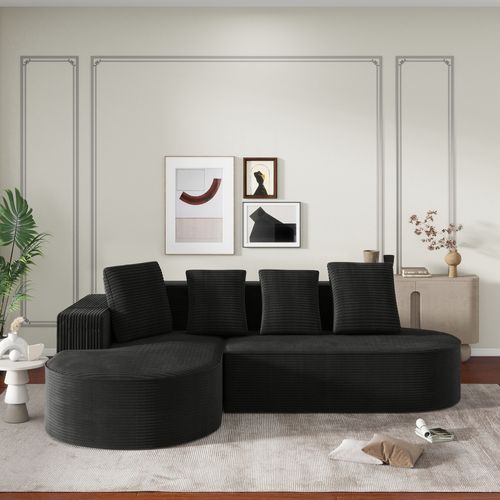 Canapé 241x69,5 Cm En Velours Côtelé Noir, Assise Profonde Modulable, Sans Montage, 2 Colis