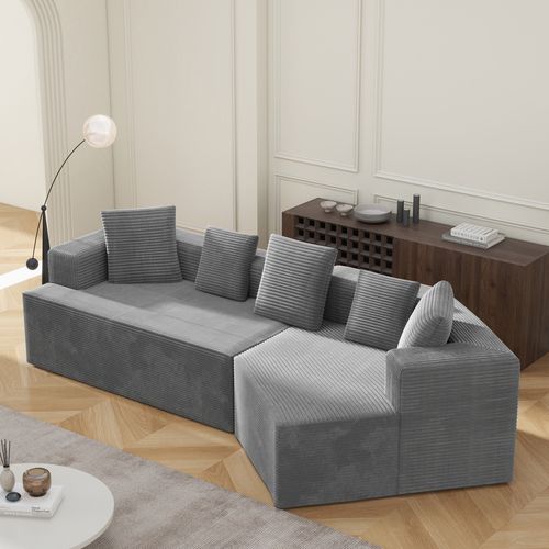 Canapé Modulable En Velours Côtelé Gris – Banquette 3 Modules Compressée, Sans Montage