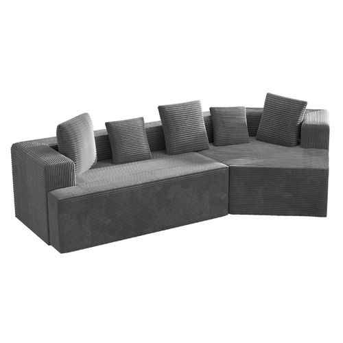 Canapé Modulable En Velours Côtelé Gris – Banquette 3 Modules Compressée, Sans Montage