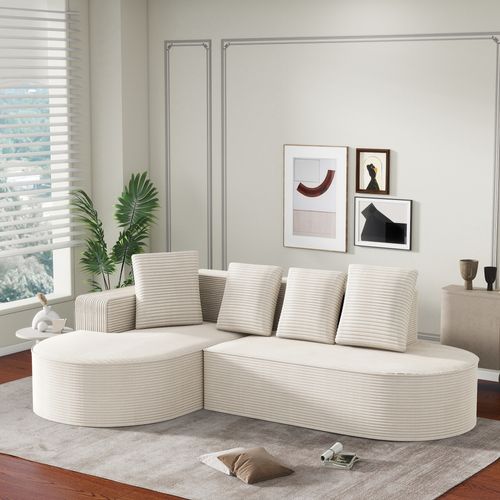 Canapé 241 Cm En Velours Côtelé Blanc, Assise Profonde 69,5 Cm — Modulable, Sans Montage