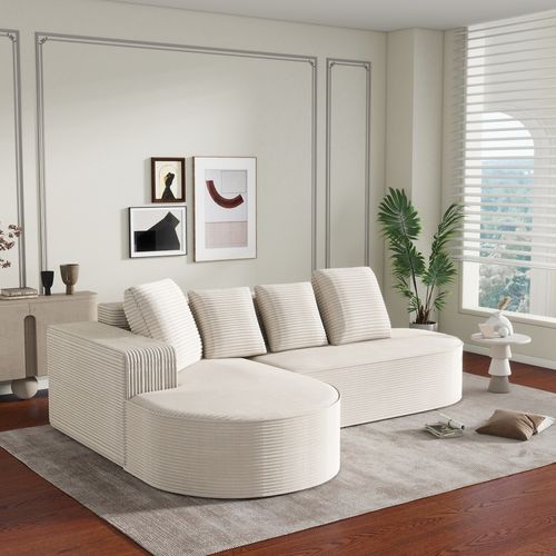 Canapé 241 Cm En Velours Côtelé Blanc, Assise Profonde 69,5 Cm — Modulable, Sans Montage