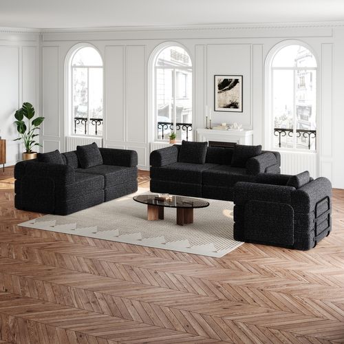 Canapé Adulte 1 Place Modulable 2 En 1 En Chenille Noire, Accoudoir Coffre Et Trois Cadres Acier