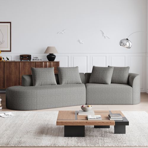 Canapé En Chenille Gris Clair, Assise Extra Profonde, Design Courbé Moderne, 4 Coussins