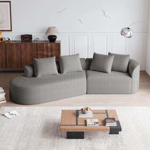 Canapé En Chenille Gris Clair, Assise Extra Profonde, Design Courbé Moderne, 4 Coussins