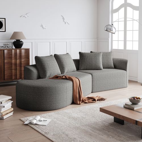 Canapé En Chenille Gris Clair, Assise Extra Profonde, Design Courbé Moderne, 4 Coussins