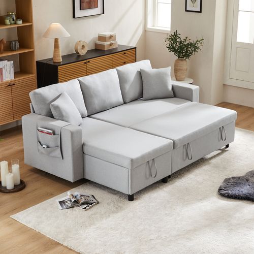 Canapé Convertible 219,5x142,5 Cm En Lin Gris