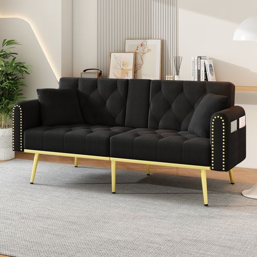 Canapé Adulte 175x80 Cm En Velours Noir, Dossier Réglable 3 Positions, Pieds Métal Doré