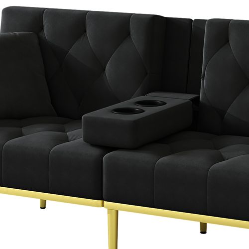 Canapé Adulte 175x80 Cm En Velours Noir, Dossier Réglable 3 Positions, Pieds Métal Doré