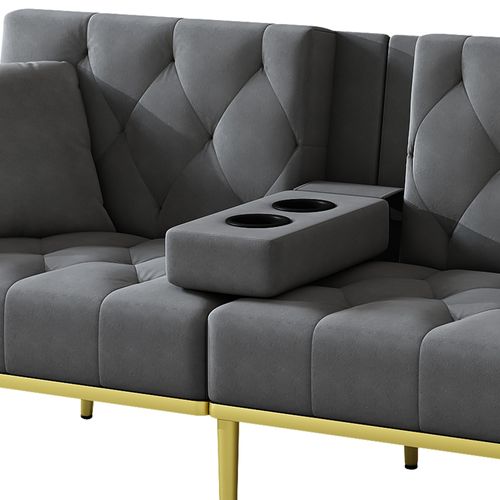 Canapé 175x89 Cm En Velours Gris, Dossier Réglable 3 Positions, Porte-gobelet Intégré, Pieds Dorés