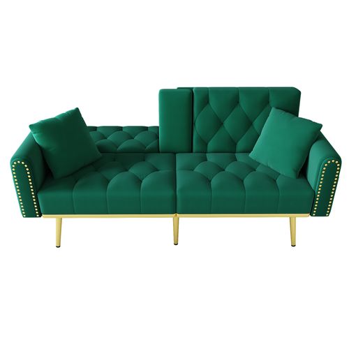 Canapé 175x80 Cm En Velours Vert, 3 Positions, Porte-gobelet Intégré Et 2 Coussins