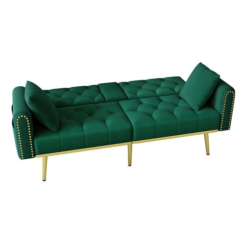 Canapé 175x80 Cm En Velours Vert, 3 Positions, Porte-gobelet Intégré Et 2 Coussins