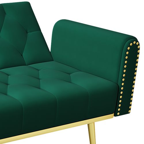 Canapé 175x80 Cm En Velours Vert, 3 Positions, Porte-gobelet Intégré Et 2 Coussins