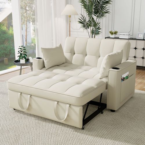 Canapé 137x163 Cm En Velours Beige, Multifonction 3-en-1, Dossiers 3 Positions Et Porte-boissons