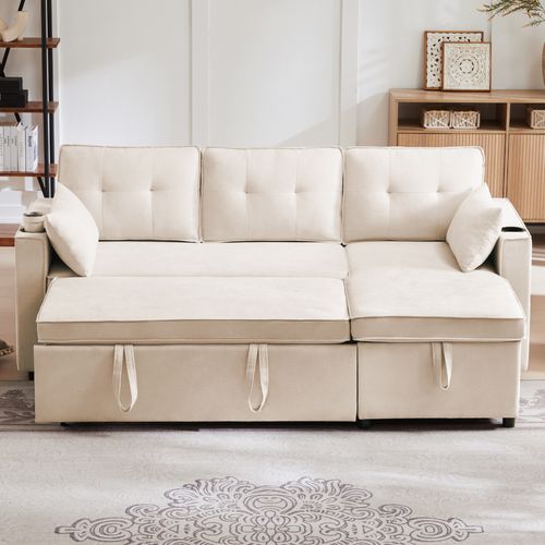 Canapé Convertible 211x130x86 Cm Avec Angle Réversible Et Coffre, Tissu Coton-lin Beige