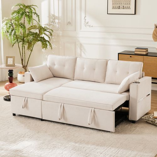 Canapé Convertible 211x130x86 Cm Avec Angle Réversible Et Coffre, Tissu Coton-lin Beige