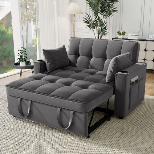 Canapé 137x163 Cm En Velours Gris, Convertible 3 Positions Avec Porte-gobelets Et Poches Latérales