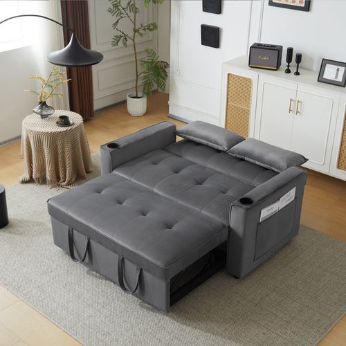 Canapé 137x163 Cm En Velours Gris, Convertible 3 Positions Avec Porte-gobelets Et Poches Latérales