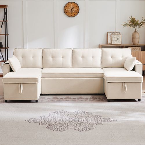 Canapé Convertible 270x130 Cm En Coton-lin Beige