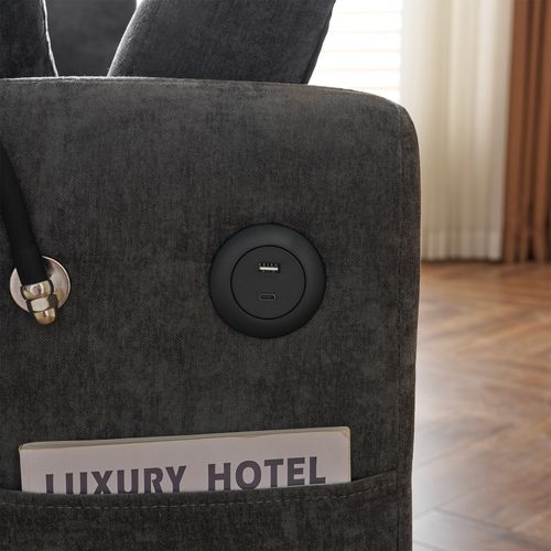 Canapé D'appoint 129x163 Cm Chenille Gris, à Roulettes, Dossier 3 Positions Et Ports USB