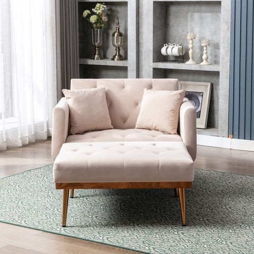 Canapé D'appoint 165x90 Cm En Velours Beige, Dossier Réglable 105°/140°/180° Et 2 Coussins