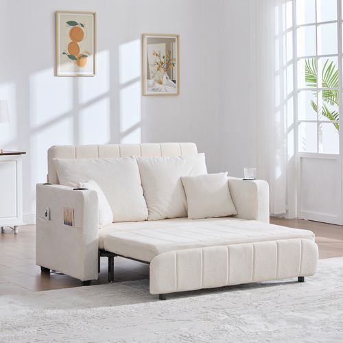 Canapé 136x200 Cm Transformable, Assise Compacte 139x83 Cm En Chenille Beige, 4 Coussins
