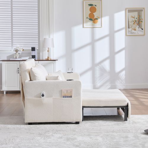 Canapé 136x200 Cm Transformable, Assise Compacte 139x83 Cm En Chenille Beige, 4 Coussins