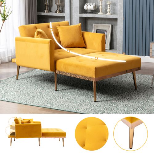 Canapé Adulte 165x90x77 Cm En Velours Moutarde - Fauteuil Relax Inclinable 3 Positions