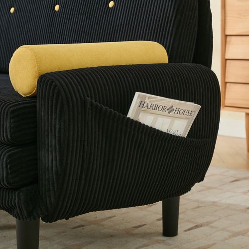 Canapé Modulable En Velours Côtelé Noir, Dossier Inclinable Réglable, Transformable En Couchage