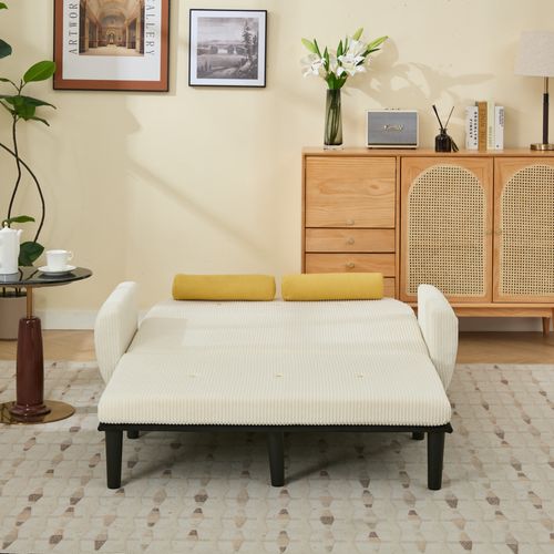 Canapé D'appoint 3-en-1 Velours Côtelé Ivoire, Dossier Réglable Et Coussins Ronds, Armature Fer