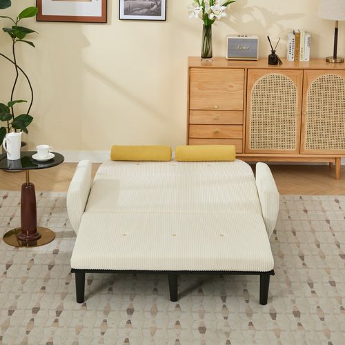 Canapé D'appoint 3-en-1 Velours Côtelé Ivoire, Dossier Réglable Et Coussins Ronds, Armature Fer