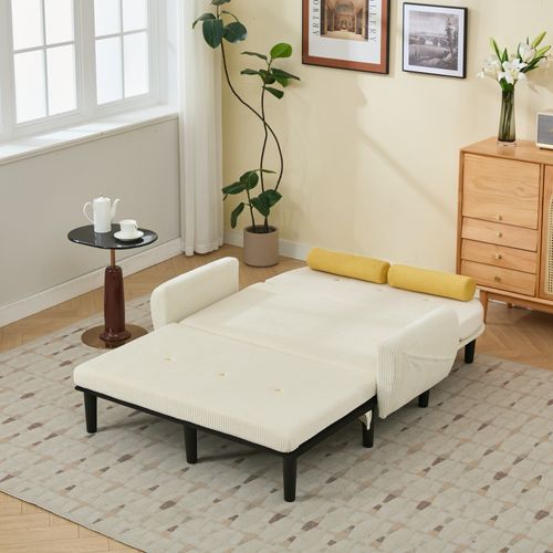 Canapé D'appoint 3-en-1 Velours Côtelé Ivoire, Dossier Réglable Et Coussins Ronds, Armature Fer