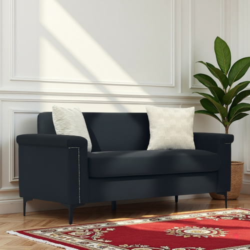 Canapé 2 Places 172x72x82 Cm En Lin Noir, Design Scandinave Épuré, Pieds Métal Noirs 15 Cm