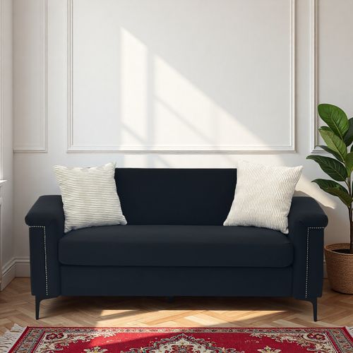 Canapé 2 Places 172x72x82 Cm En Lin Noir, Design Scandinave Épuré, Pieds Métal Noirs 15 Cm